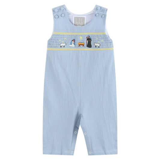 Light Blue Nativity Smocked Overalls